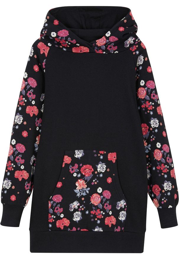 bonprix - Sukienka dresowa z czystej bawełny. Typ kołnierza: kaptur. Kolor: czarny. Materiał: bawełna, dresówka. Wzór: aplikacja, kwiaty