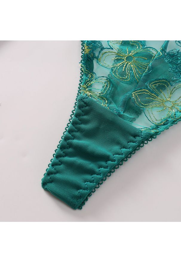 Intica - Komplet koronkowej bielizny z pasem na specjalne okazje Delia. Kolor: zielony. Materiał: koronka. Wzór: koronka