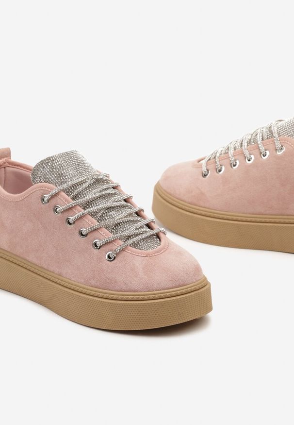 Renee - Różowe Sneakersy na Platformie ze Sznurowaniem z Cyrkoniami Oziana. Zapięcie: sznurówki. Kolor: różowy. Obcas: na platformie