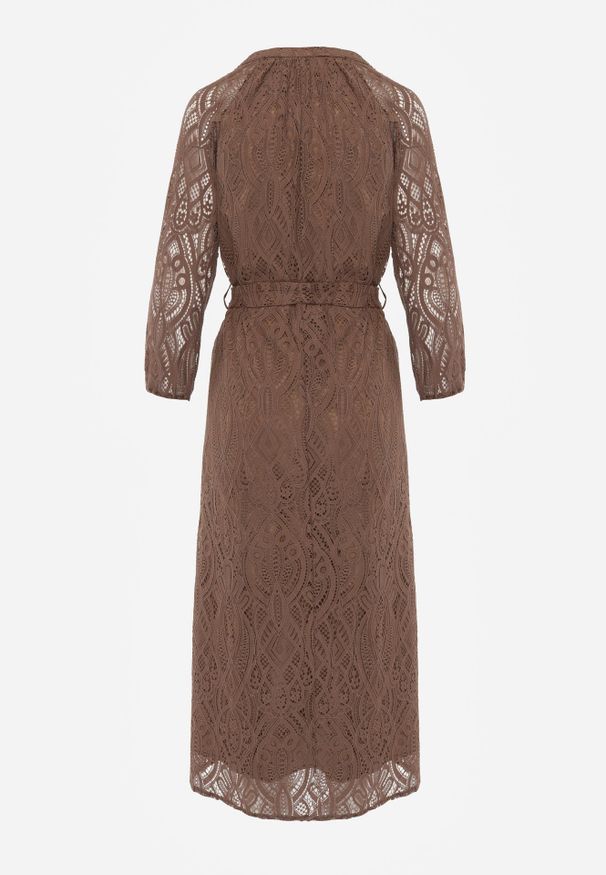Renee - Brązowa Koronkowa Sukienka Boho Rozkloszowana z Paskiem w Talii Irinsea. Okazja: na co dzień. Kolor: brązowy. Materiał: koronka. Wzór: koronka. Typ sukienki: proste, rozkloszowane. Styl: boho