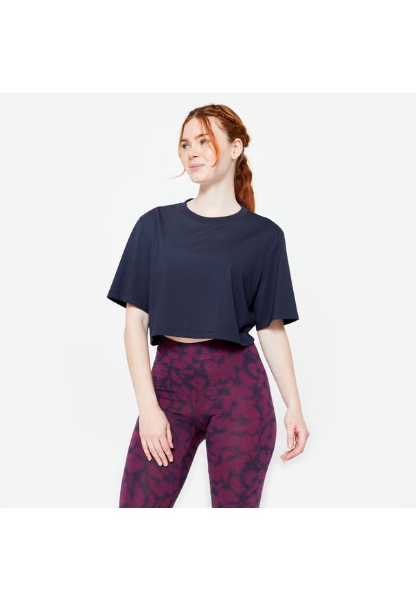 DOMYOS - Koszulka damska Domyos Gym & Pilates crop top. Kolor: niebieski. Materiał: materiał, włókno, lyocell, bawełna. Sport: joga i pilates
