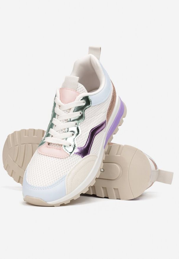 Born2be - Beżowo-Fioletowe Sznurowane Sneakersy Belnihi. Wysokość cholewki: przed kostkę. Kolor: beżowy. Materiał: materiał. Szerokość cholewki: normalna. Obcas: na płaskiej podeszwie