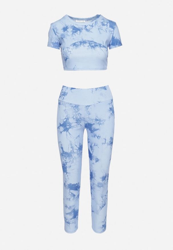 Born2be - Niebieski Komplet Sportowy z Wzorem Tie-Dye Top z Krótkimi Rękawami i Leggisy Larvena. Kolor: niebieski