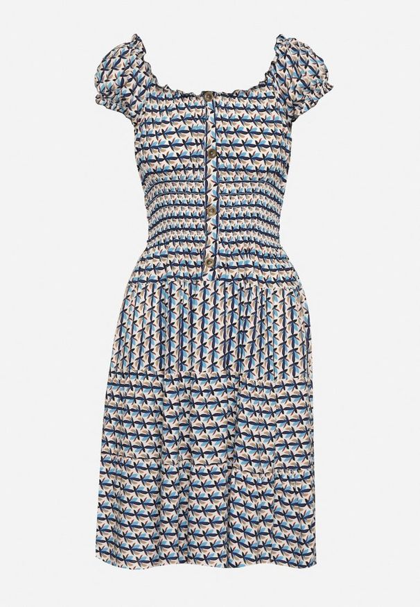 Born2be - Niebieska Sukienka z Bawełny Ozdobiona Guzikami i Bufiastymi Rękawami Ronaria. Okazja: na co dzień. Kolor: niebieski. Materiał: bawełna. Wzór: aplikacja. Sezon: wiosna, lato. Typ sukienki: sportowe. Styl: casual, sportowy, klasyczny