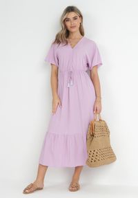 Born2be - Fioletowa Rozkloszowana Sukienka Maxi z Gumką i Sznurkiem w Talii z Wiskozy Baneta. Okazja: na co dzień. Kolor: fioletowy. Materiał: wiskoza. Typ sukienki: proste. Styl: casual. Długość: maxi #5