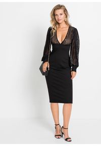 bonprix - Dopasowana sukienka midi z koronką. Kolor: czarny. Materiał: koronka. Wzór: koronka. Długość: midi #1