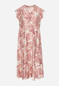 Born2be - Ciemnoróżowa Sukienka z Wiskozą o Rozkloszowanym Kroju z Falbankami w Roślinny Wzór Amoira. Okazja: na co dzień. Typ kołnierza: kołnierz z falbankami. Kolor: różowy. Materiał: wiskoza. Długość rękawa: krótki rękaw. Styl: casual, elegancki #6