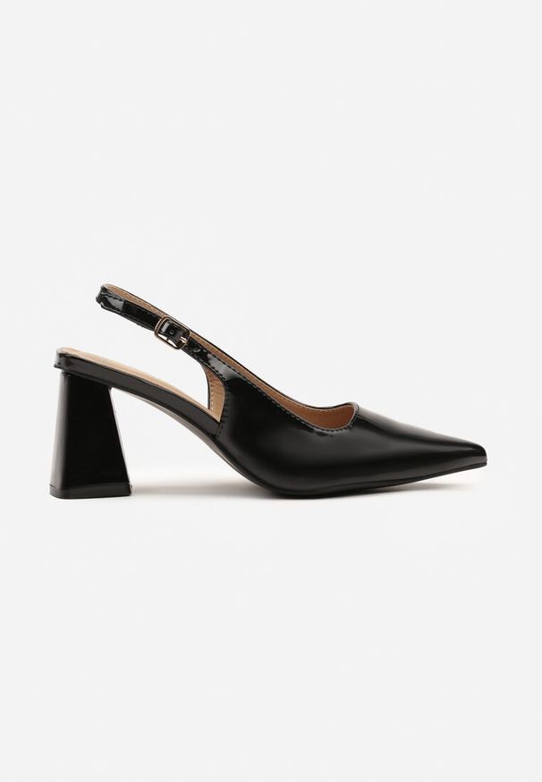Renee - Czarne Sandały Lakierowane na Słupku Typu Slingback Sesorielis. Okazja: na co dzień. Zapięcie: sprzączka. Kolor: czarny. Materiał: lakier. Sezon: lato. Obcas: na słupku. Styl: klasyczny, casual, elegancki. Wysokość obcasa: średni