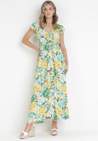 Born2be - Zielono-Beżowa Sukienka Vevera. Okazja: na co dzień. Typ kołnierza: dekolt w kształcie V. Kolor: zielony. Długość rękawa: krótki rękaw. Typ sukienki: proste. Styl: casual #6