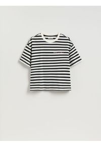 Reserved - T-shirt w paski z nadrukiem - wielobarwny. Materiał: bawełna, dzianina. Wzór: paski, nadruk