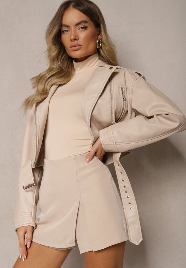 Renee - Beżowe Spódnico-Szorty High Waist z Rozcięciem Vikone. Okazja: na co dzień. Stan: podwyższony. Kolor: beżowy. Styl: casual, elegancki