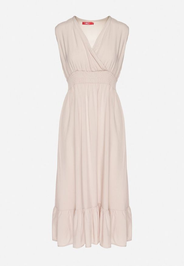 Born2be - Beżowa Wiskozowa Sukienka o Kopertowym Kroju z Falbanką Uliria. Kolor: beżowy. Materiał: wiskoza. Typ sukienki: kopertowe. Styl: elegancki