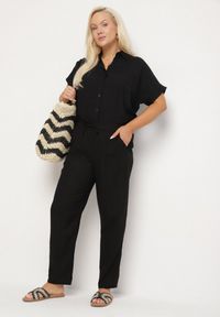 Born2be - Czarne Spodnie z Lnem i Elastyczną Gumką w Pasie Nativena. Kolor: czarny. Materiał: len. Sezon: lato. Styl: klasyczny
