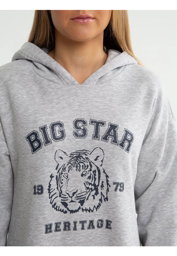 Big-Star - Sukienka dziewczęca dzianinowa z kapturem szara Fleur 901. Okazja: na uczelnię. Typ kołnierza: kaptur. Kolor: szary. Materiał: dzianina. Wzór: nadruk. Styl: elegancki, klasyczny