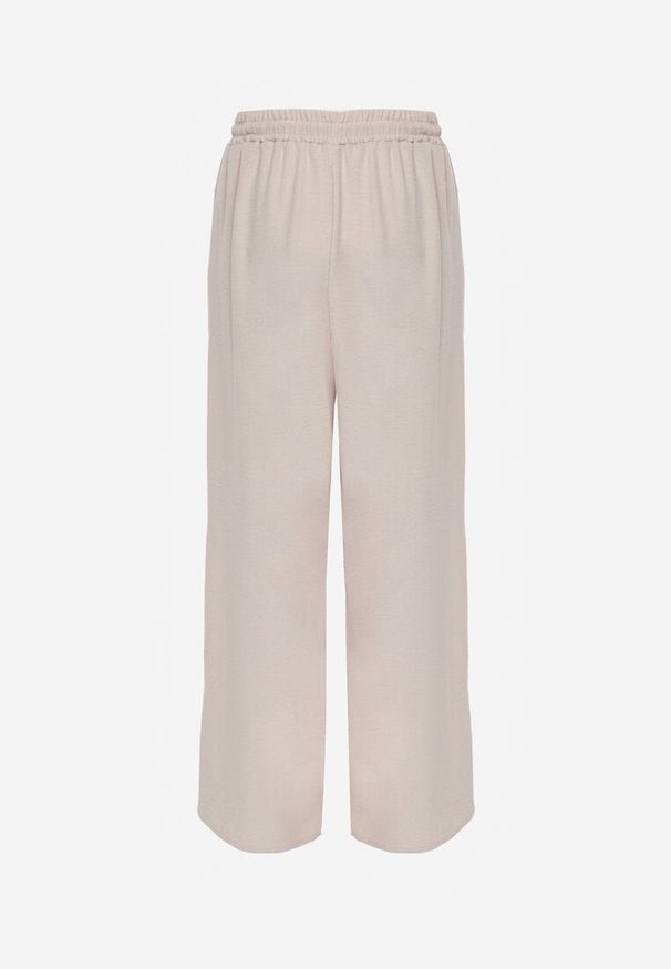 Renee - Jasnobeżowe Spodnie High Waist ze Sznurkiem w Talii i Prostą Nogawką Raveann. Okazja: na co dzień, na spacer. Stan: podwyższony. Kolor: beżowy. Wzór: aplikacja. Styl: casual