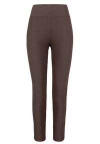 Volcano - Prążkowane legginsy N-LISBONA. Stan: podwyższony. Kolor: brązowy. Materiał: prążkowany. Wzór: napisy, prążki. Styl: sportowy #1