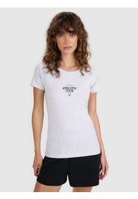 4f - 4F T-shirt slim z nadrukiem damski - szary XL. Okazja: na co dzień. Kolor: szary. Materiał: bawełna, materiał, elastan, jersey. Długość rękawa: raglanowy rękaw. Wzór: nadruk. Styl: klasyczny, sportowy, casual