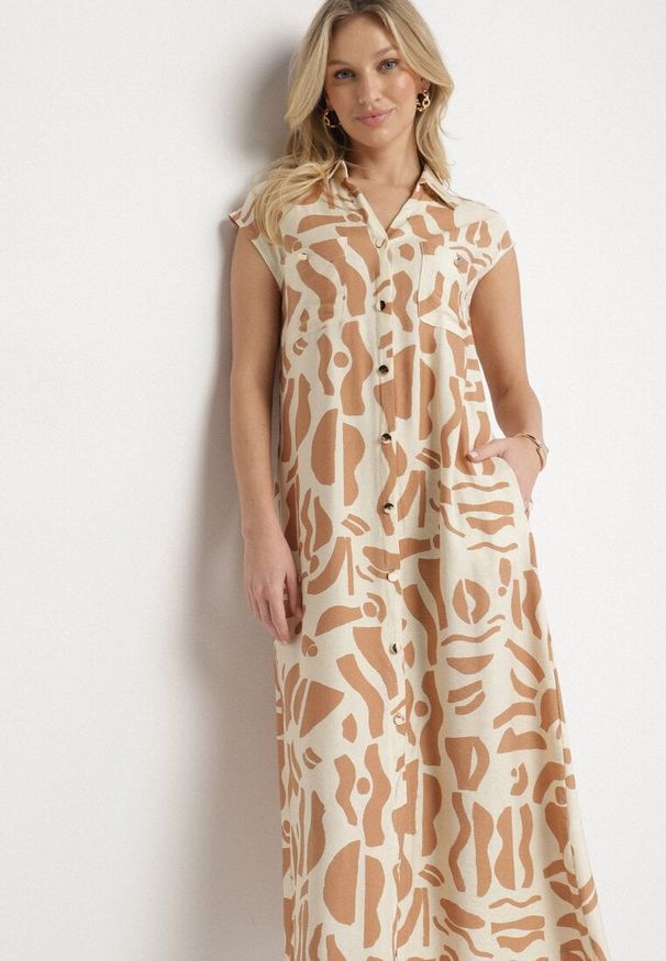 Born2be - Beżowa Sukienka o Koszulowym Kroju w Geometryczny Wzór Saranea. Okazja: na co dzień, na spotkanie biznesowe. Typ kołnierza: dekolt w serek. Kolor: beżowy. Długość rękawa: krótki rękaw. Wzór: geometria. Sezon: wiosna, lato. Typ sukienki: koszulowe. Styl: casual, biznesowy