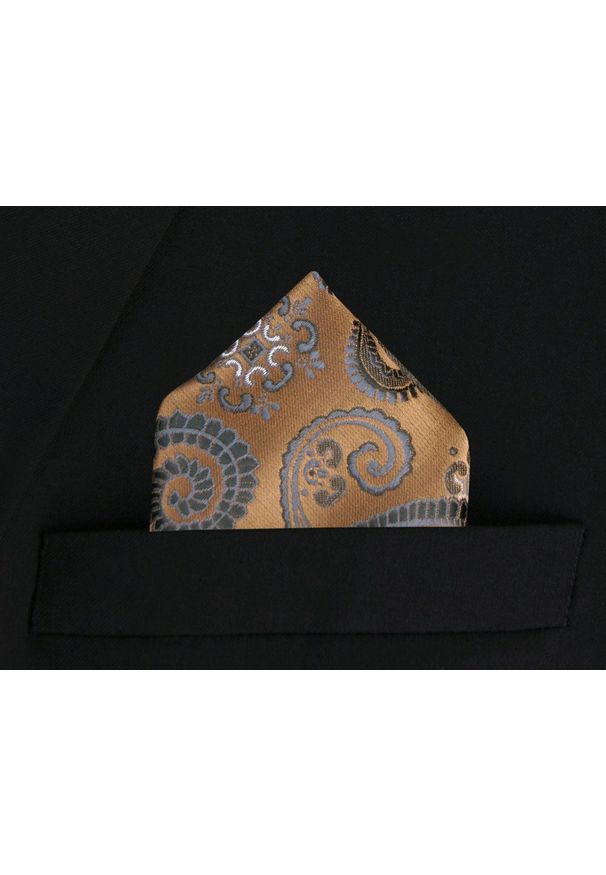 Poszetka Męska, Elegancka - Alties - Stare Złoto, Duże Paisley. Kolor: wielokolorowy, złoty, żółty. Materiał: poliester. Wzór: paisley