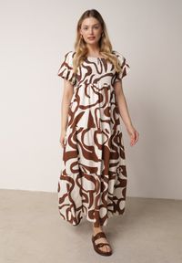 Born2be - Brązowa Wiskozowa Sukienka z Bufiastymi Rękawami w Abstrakcyjny Wzór Tibee. Okazja: na co dzień. Kolor: brązowy. Materiał: wiskoza. Wzór: nadruk. Typ sukienki: proste. Styl: wakacyjny, casual, elegancki #8