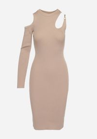 Born2be - Beżowa Sukienka z Prążkowanej Dzianiny i Wycięciami Hibba. Kolor: beżowy. Materiał: prążkowany, dzianina. Długość rękawa: na ramiączkach. Styl: elegancki. Długość: midi #3