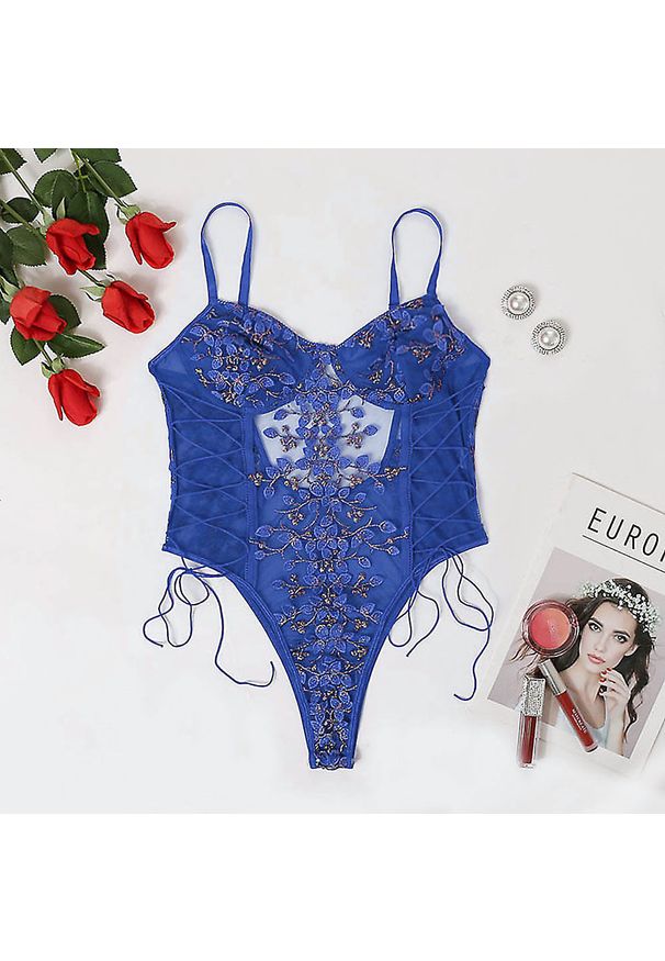 Intica - Body z haftem transparentne eleganckie Marice. Kolor: niebieski. Materiał: materiał. Wzór: haft
