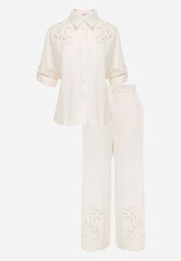 Renee - Beżowy Boho Komplet z Bawełną Koszula i Spodnie z Ażurowymi Zdobieniami Runesa. Kolor: beżowy. Materiał: bawełna. Wzór: aplikacja, ażurowy #3