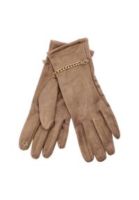 Brązowe Rękawiczki Glamour Damskie Armodo. Kolor: brązowy. Materiał: materiał. Sezon: zima. Styl: glamour #1