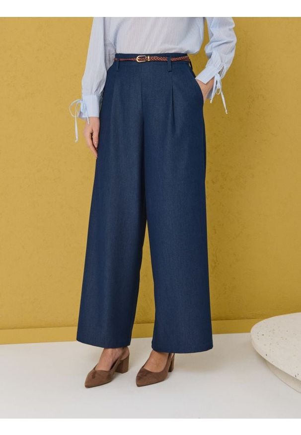 Sinsay - Spodnie wide leg z paskiem - granatowy. Kolor: niebieski
