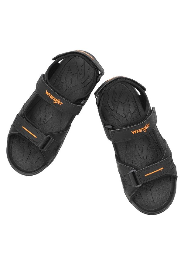 Sandały męskie Wrangler, na platformie na rzepy profilowane i wygodne, czarne, 20251051. Okazja: na co dzień. Zapięcie: rzepy. Kolor: czarny. Materiał: materiał. Wzór: paski. Sezon: lato. Obcas: na platformie. Styl: sportowy, casual