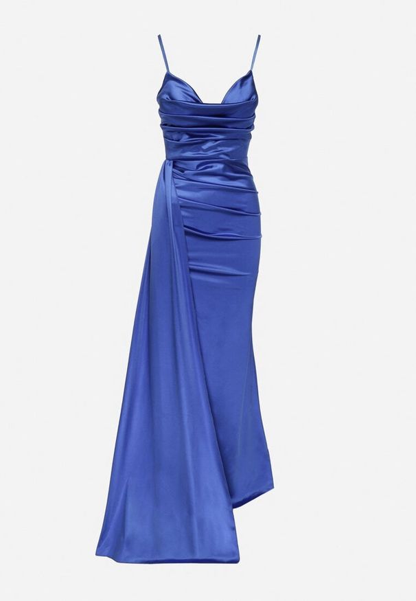 Born2be - Niebieska Sukienka Satynowa z Trenem na Ramiączkach i Rozcięciem na Nogę Lisandoria. Okazja: na wesele, na ślub cywilny, na imprezę. Typ kołnierza: dekolt w kształcie V. Kolor: niebieski. Materiał: satyna. Długość rękawa: na ramiączkach. Styl: elegancki