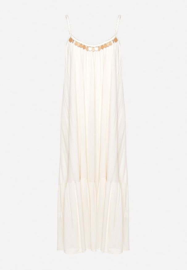 Born2be - Beżowa Wiskozowa Sukienka z Ramiączkami Zdobiona Cekinami i Metaliczną Nitką Comalara. Okazja: na imprezę, na co dzień. Typ kołnierza: dekolt w serek. Kolor: beżowy. Materiał: wiskoza. Długość rękawa: na ramiączkach. Wzór: aplikacja. Styl: casual