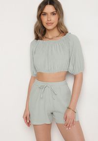 Born2be - Jasnozielone Bawełniane Szorty Ozdobione Sznurkiem Saramara. Okazja: na co dzień, na spacer. Kolor: zielony. Materiał: bawełna. Wzór: aplikacja. Styl: casual #3