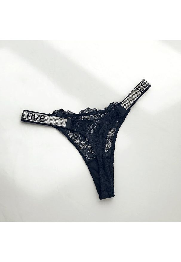 Intica - Stringi koronkowe z ozdobnym napisem Maruschka. Kolor: czarny. Materiał: koronka. Wzór: napisy