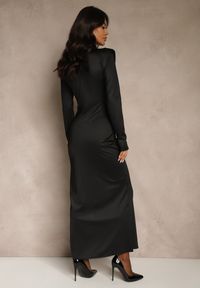 Renee - Czarna Koktajlowa Sukienka z Rozcięciem na Nogę Zdobiona Trenem Atirga. Okazja: na imprezę. Typ kołnierza: dekolt w serek. Kolor: czarny. Wzór: aplikacja. Styl: wizytowy #4