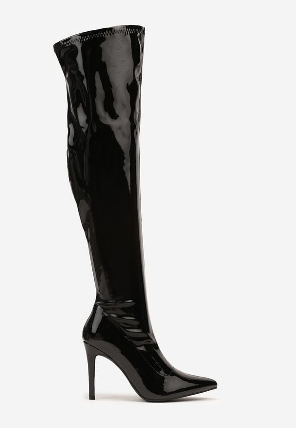 Renee - Czarne Lakierowane Kozaki Vices na Szpilce z Marszczoną Cholewką Calavelie. Kolor: czarny. Materiał: lakier. Szerokość cholewki: normalna. Obcas: na szpilce