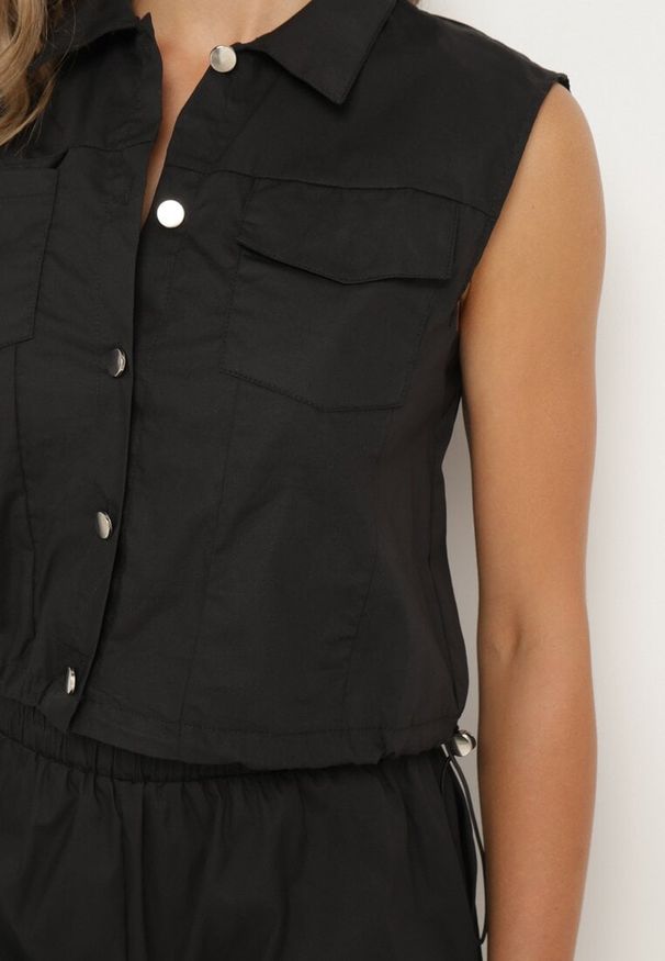 Born2be - Czarny Komplet z Bawełny Góra na Guziki Szorty z Elastyczną Gumką w Pasie Nestamay. Kolor: czarny. Materiał: bawełna