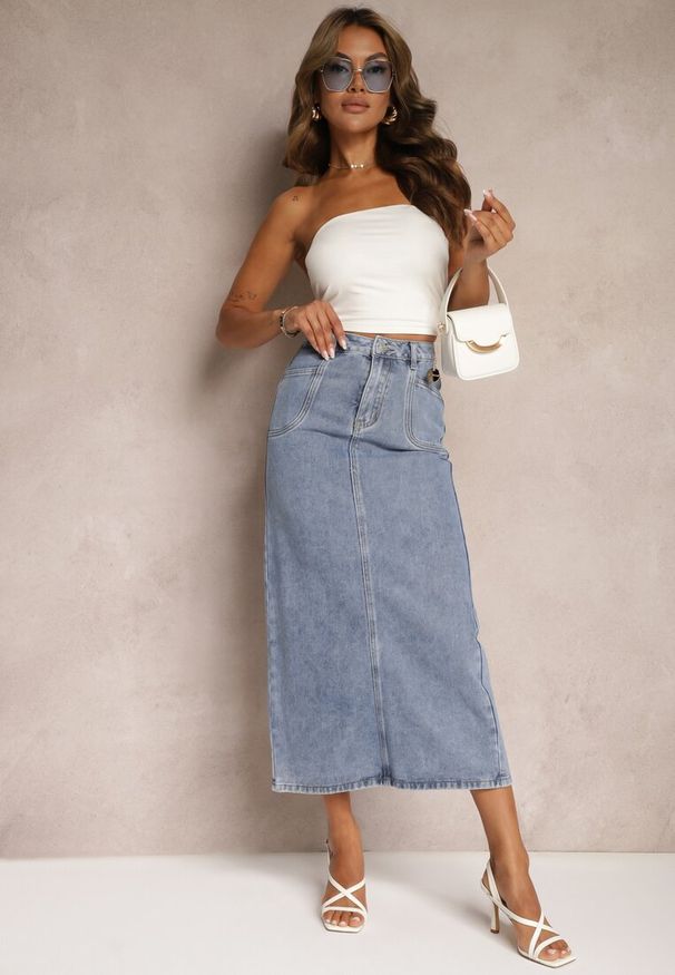 Renee - Niebieska Spódnica Jeansowa Midi z Wysokim Stanem Zakila. Stan: podwyższony. Kolor: niebieski. Materiał: jeans