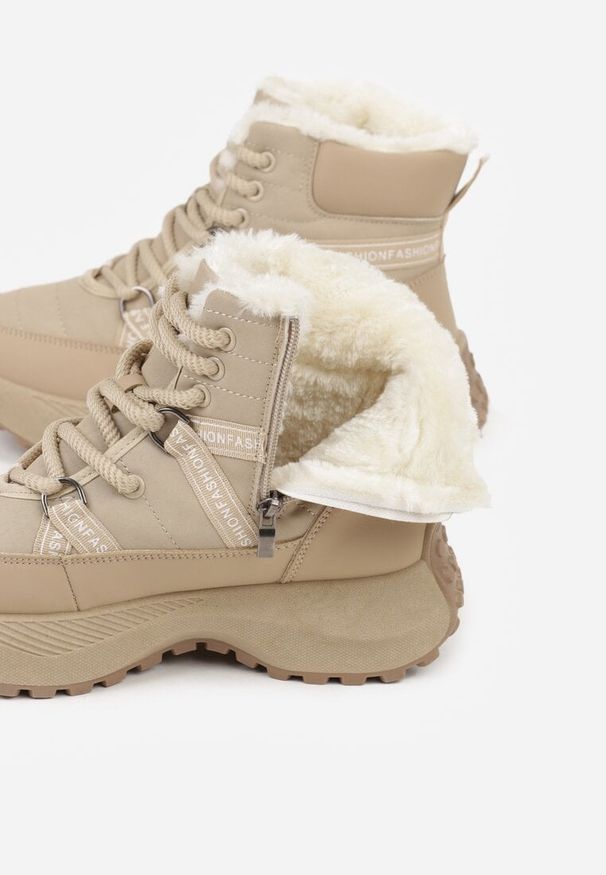Renee - Ciemnobeżowe Sportowe Śniegowce Chunky na Platformie Ishweda. Kolor: beżowy. Materiał: jeans. Obcas: na platformie. Styl: sportowy