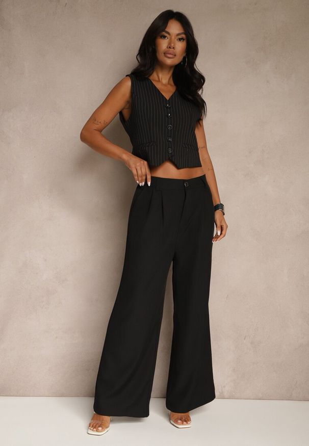 Renee - Czarne Spodnie o Szerokim Kroju High Waist Dolarenna. Okazja: na co dzień. Stan: podwyższony. Kolor: czarny. Styl: elegancki, casual
