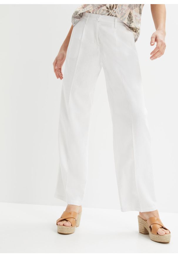bonprix - Spodnie lniane. Kolor: biały. Materiał: len