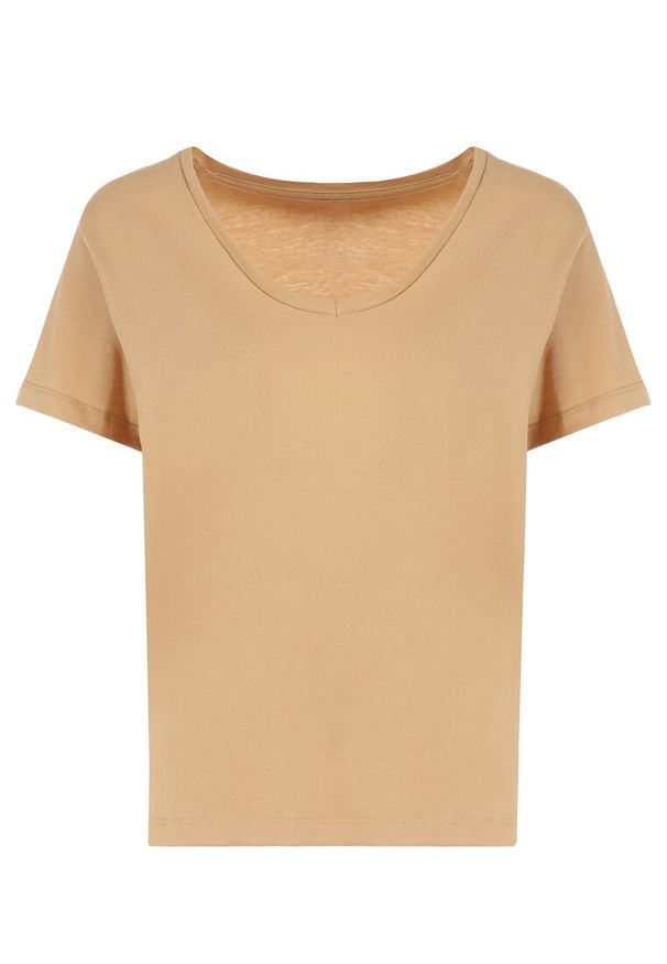 Born2be - Beżowy T-shirt Metoreia. Okazja: na co dzień. Kolor: beżowy. Materiał: bawełna, dzianina. Długość rękawa: krótki rękaw. Długość: krótkie. Wzór: gładki. Styl: sportowy, casual
