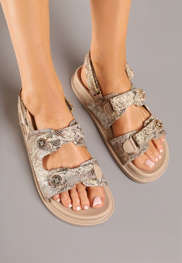 Born2be - Złote Wężowe Sandały z Ozdobnymi Aplikacjami i Zapięciem na Rzep Kolandriela. Okazja: na co dzień, na randkę, na spotkanie biznesowe. Zapięcie: rzepy. Kolor: złoty. Wzór: aplikacja. Sezon: lato. Styl: biznesowy, casual, elegancki, klasyczny