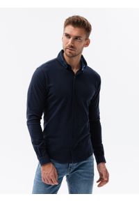Ombre Clothing - Dzianinowa męska koszula SLIM FIT z długim rękawem – granatowa V2 - Rozmiar: L. Kolor: niebieski. Materiał: dzianina. Długość rękawa: długi rękaw. Długość: długie