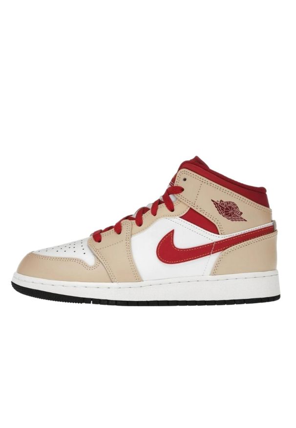 Buty do chodzenia dla dorosłych Air Jordan 1 Mid Light Curry Cardinal. Kolor: beżowy, biały, wielokolorowy. Materiał: skóra. Sport: turystyka piesza