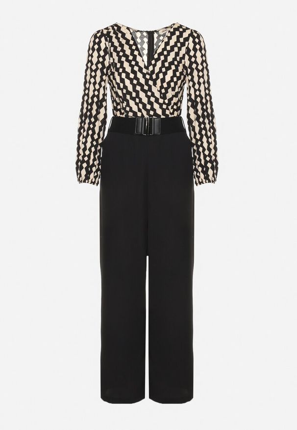 Born2be - Czarno-Beżowy Wzorzysty Kombinezon Kopertowy z Prostymi Nogawkami i Elastycznym Paskiem Tinadorae. Okazja: na co dzień. Kolor: czarny. Materiał: tkanina. Długość rękawa: długi rękaw. Długość: długie. Styl: casual, elegancki