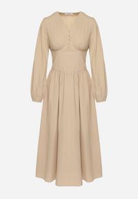 Born2be - Beżowa Sukienka z Wiskozą z Gorsetową Talią i Bufiastymi Rękawami Aniste. Okazja: na co dzień. Typ kołnierza: dekolt gorset. Kolor: beżowy. Materiał: wiskoza. Typ sukienki: gorsetowe. Styl: casual, elegancki, sportowy, wizytowy #6