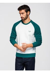 Ombre Clothing - Bluza męska kontrastowa z reglanowym rękawem - kremowo-ciemnozielona V1 - Rozmiar: L. Okazja: na co dzień, do pracy, na uczelnię. Kolor: kremowy. Materiał: dzianina, materiał, poliester, jeans, puch, bawełna. Wzór: gładki, haft. Styl: casual, klasyczny, sportowy #1