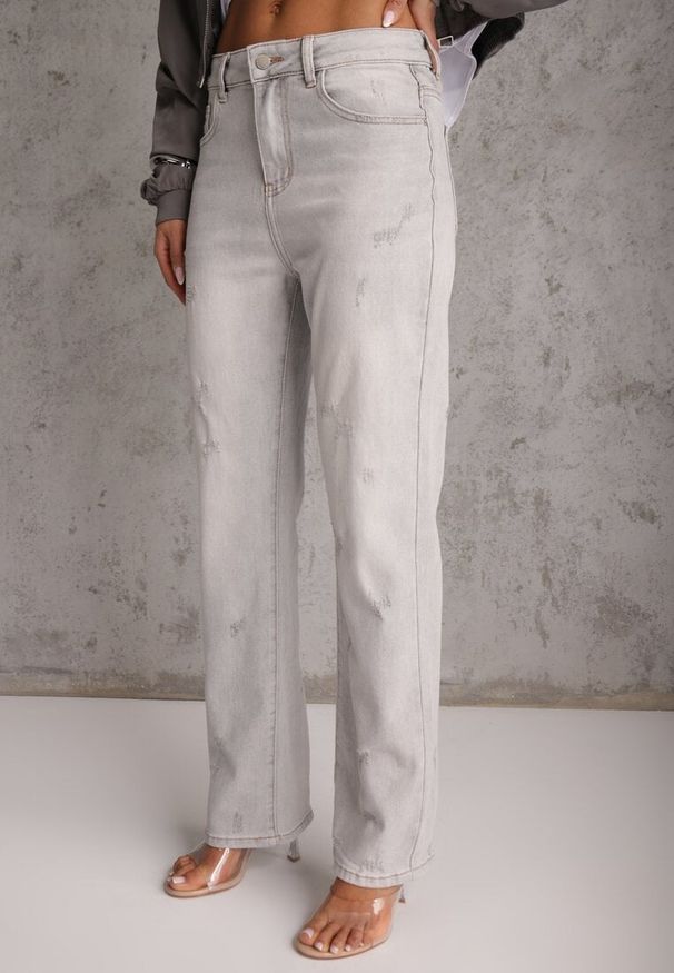 Renee - Jasnoszare Proste Jeansy z Bawełną High Waist Ozdobione Przetarciami Vimareas. Stan: podwyższony. Kolor: szary. Wzór: aplikacja