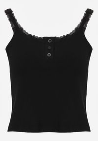 Renee - Czarny Bawełniany Top z Koronką i Guzikami przy Dekolcie Berinde. Okazja: na co dzień. Kolor: czarny. Materiał: bawełna, koronka. Wzór: koronka. Styl: elegancki, casual #2